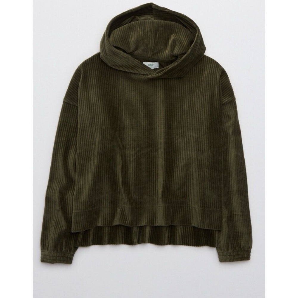NEW Aerie Groove On Green Ribbed Velour Oversized Cropped Hoodie Sweater | L